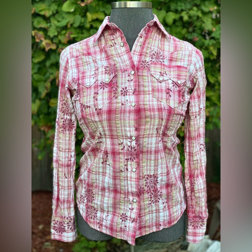Tru West Rockmount Ranch Wear Western Shirt Pink Plaid Country L